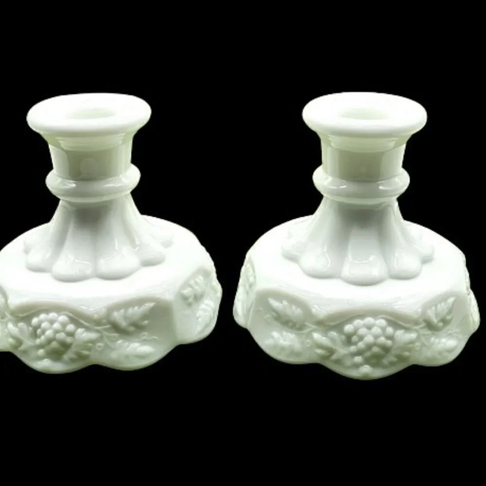 Vintage Westmoreland White Milk Glass Grape Leaves Candle Holders (2)